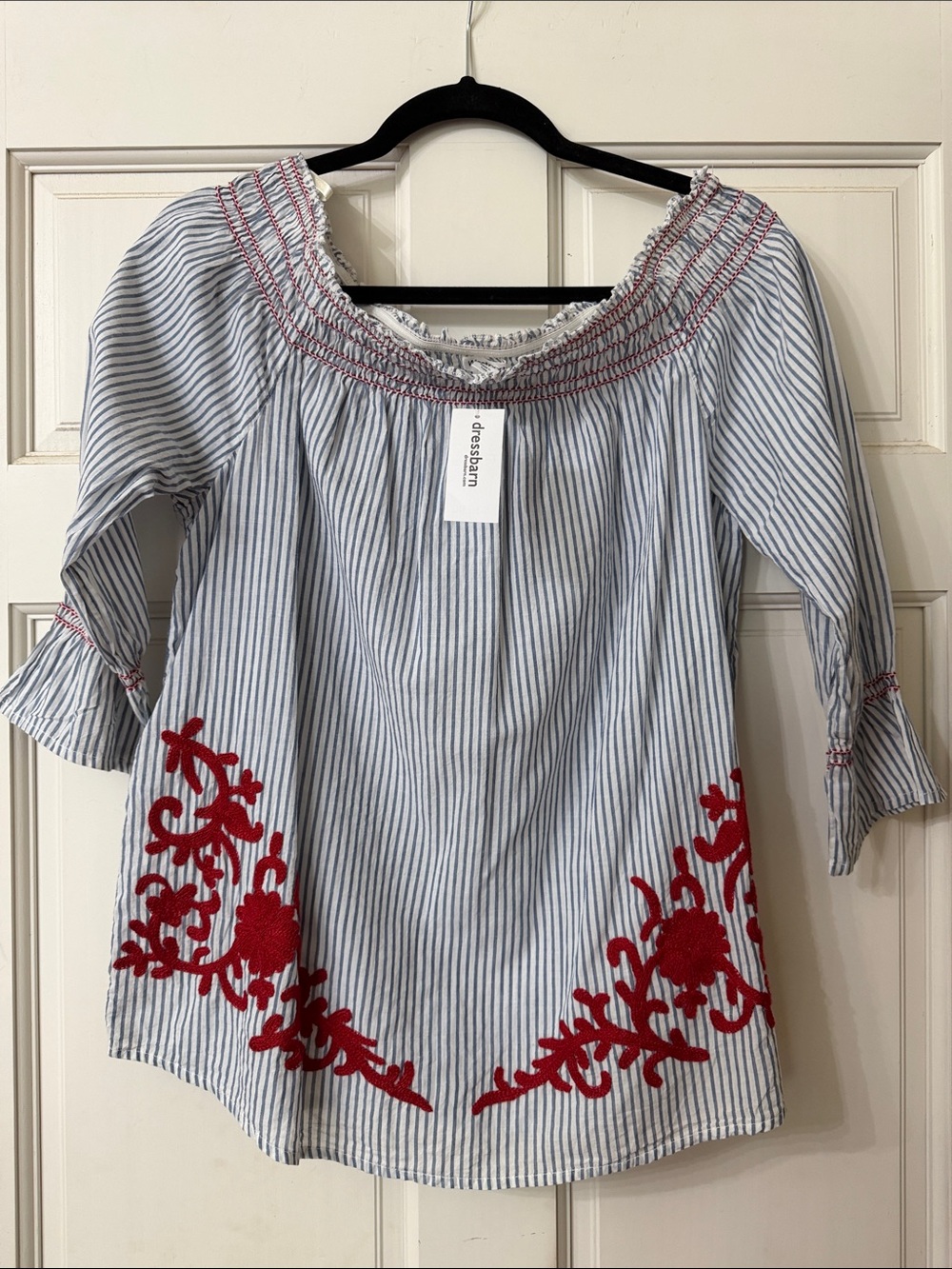 dressbarn Blue and White Stripe Off-Shoulder Top with Red Embroidery